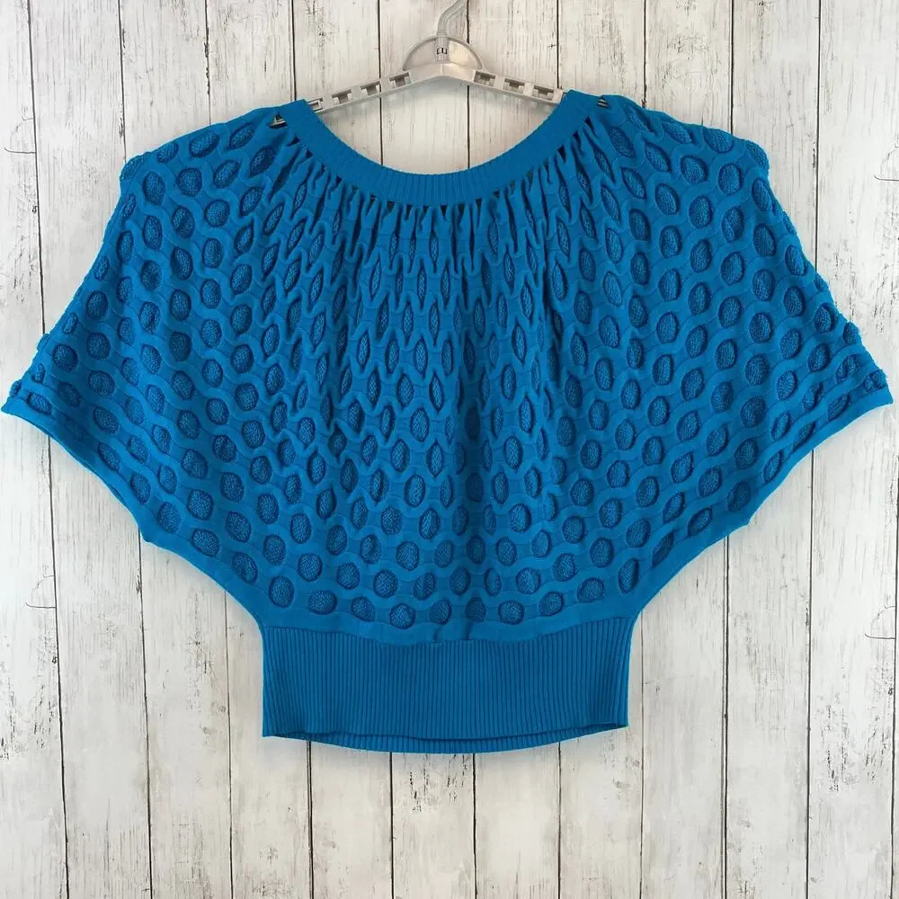 VTG Once Again Blue Honeycomb Knit Cropped Poncho-Style Sweater Top Size Medium - Picture 9 of 10